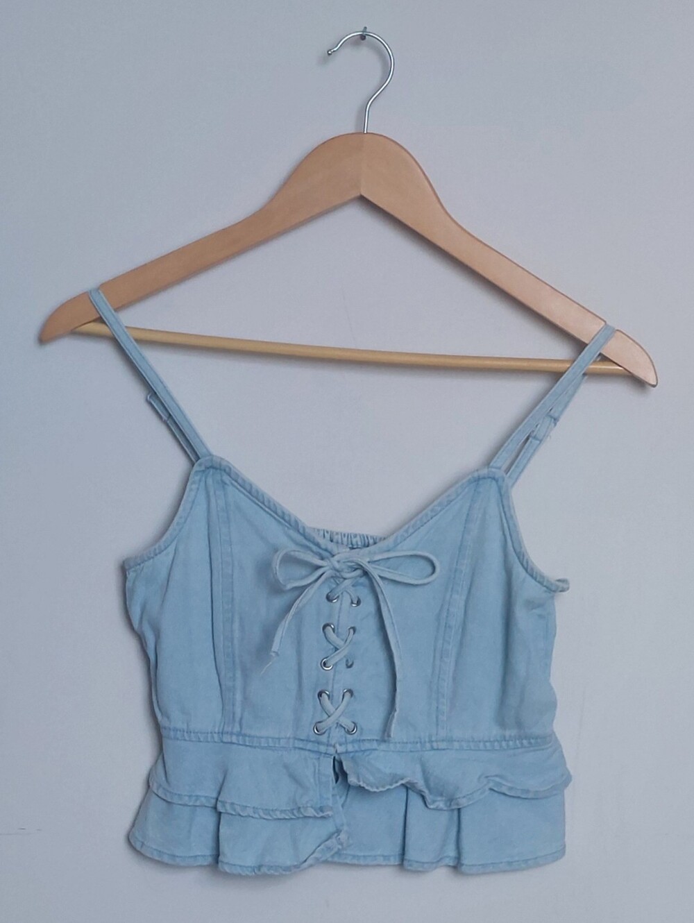 ASOS Light Blue Denim Ruffle Lace-Up Crop Top